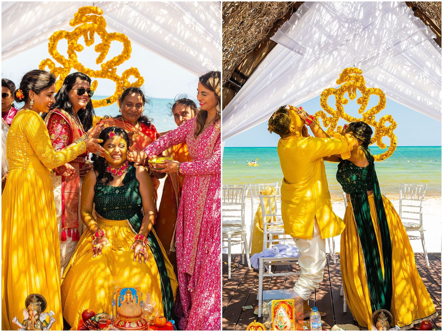 Wedding celebration with yellow and green attire under golden crown decoration at beach venue.