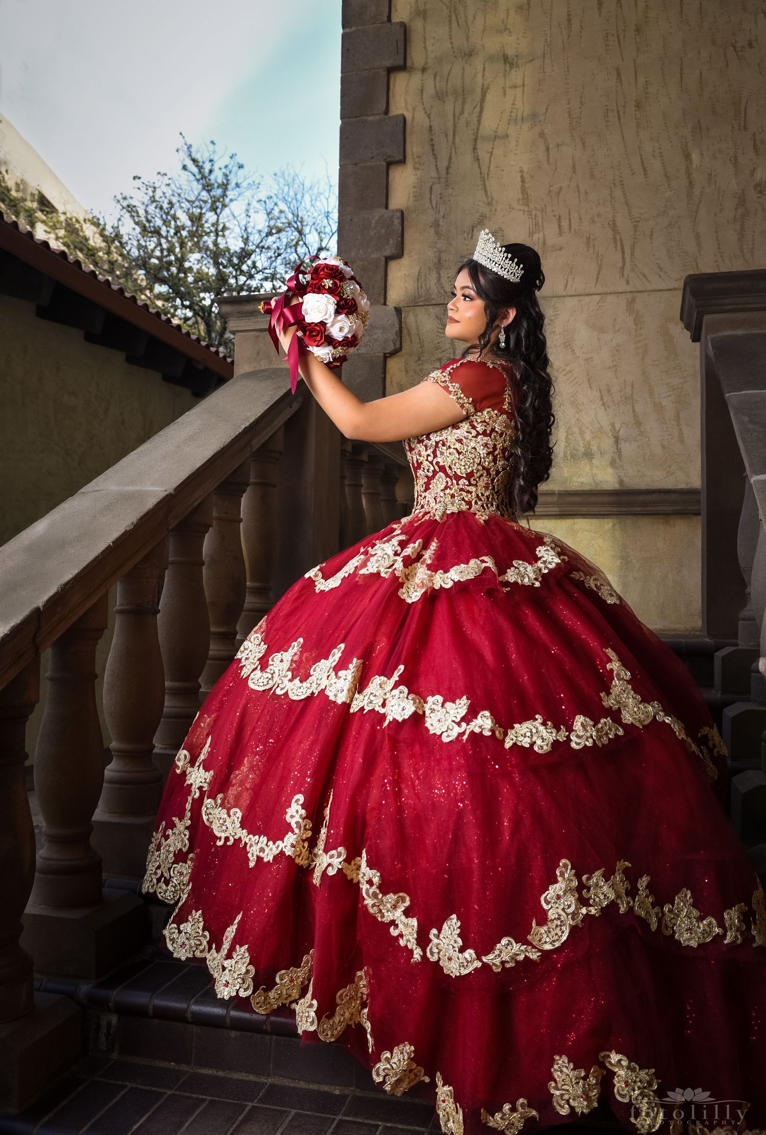 quinceanera photography session in red and gold dress fort worth dallas texas fotolilly photography