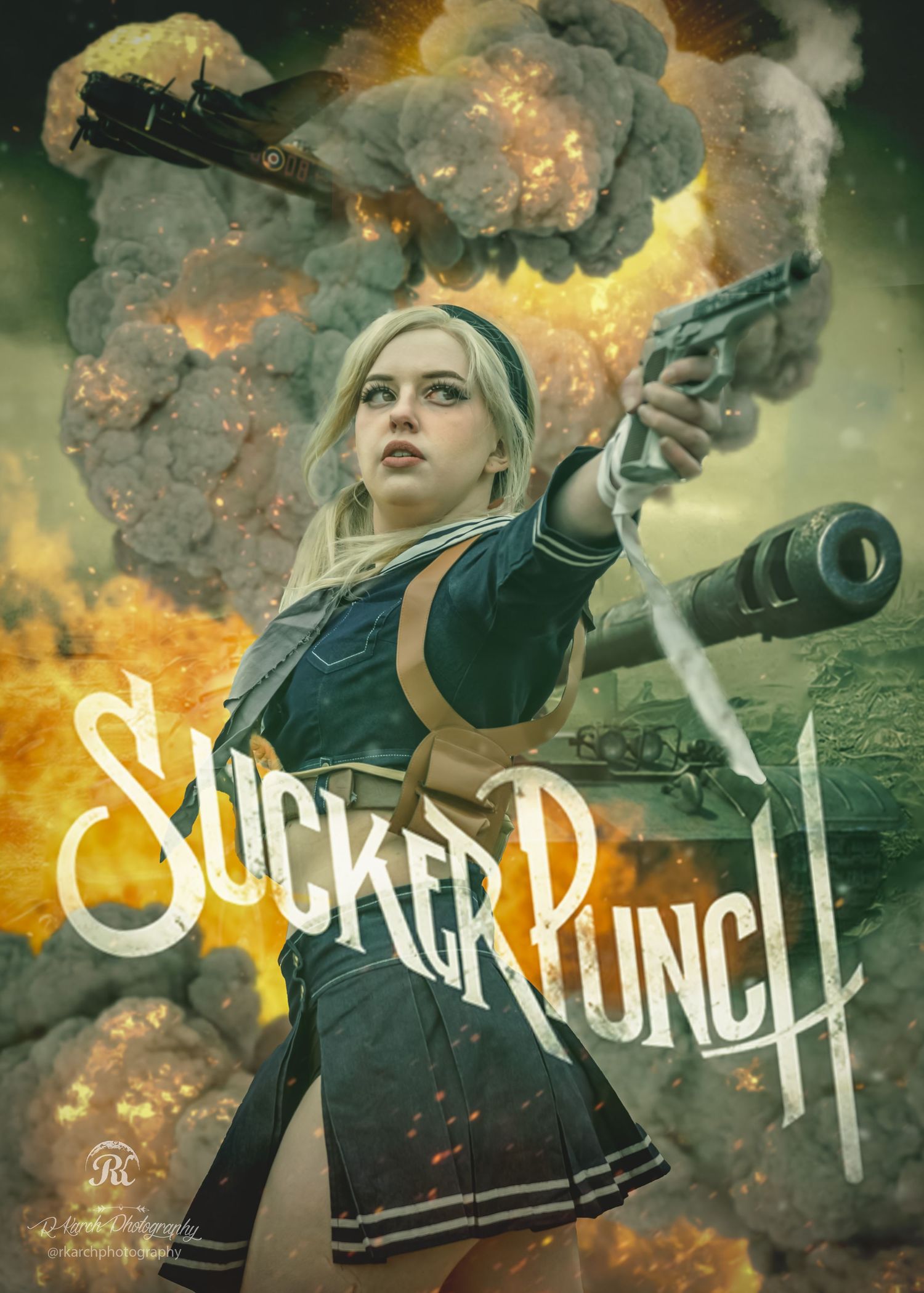 Movie promotional image showing action heroine with guns against fiery background.