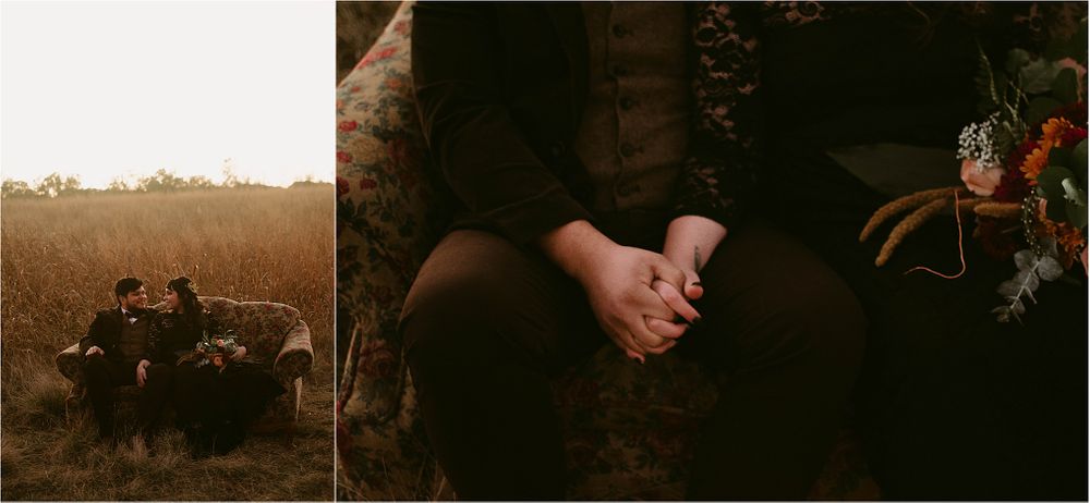 Artistic wedding photo collage showing field setting and clasped hands.