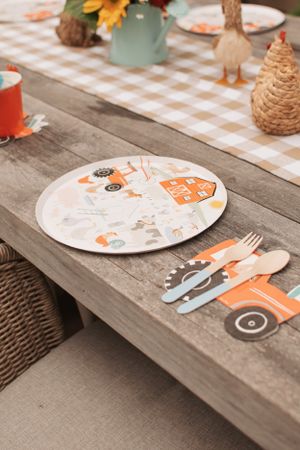 Party plates with farm-themed decorations arranged on a rustic wooden table.