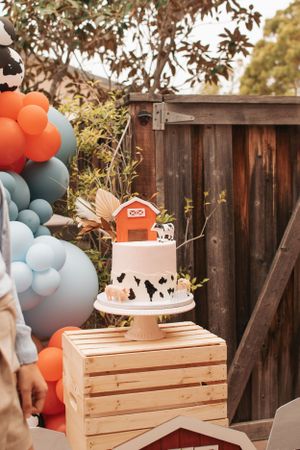 Farmhouse-themed party setup with balloon decorations and wooden crate display.
