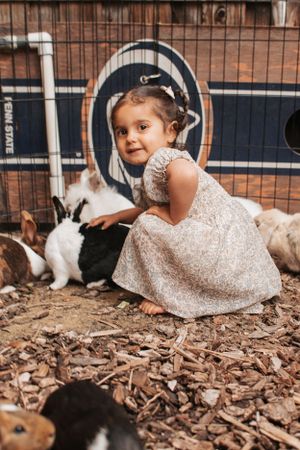 A young child in a delicate lace dress crouches near pet rabbits in an outdoor enclosure.