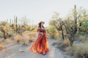 Fashion portrait series in red flowing dress against desert landscape.