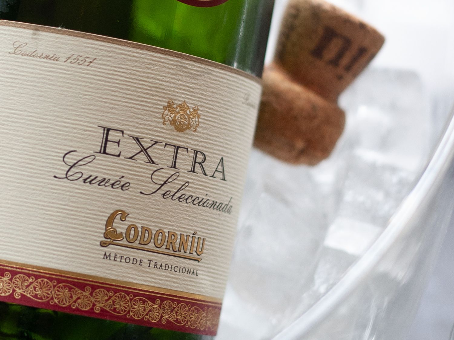 Close-up of a wine bottle label showing 'Extra' text and cork in background.
