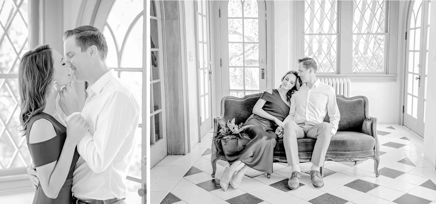 Black and white portraits showing intimate moments in an elegant interior.
