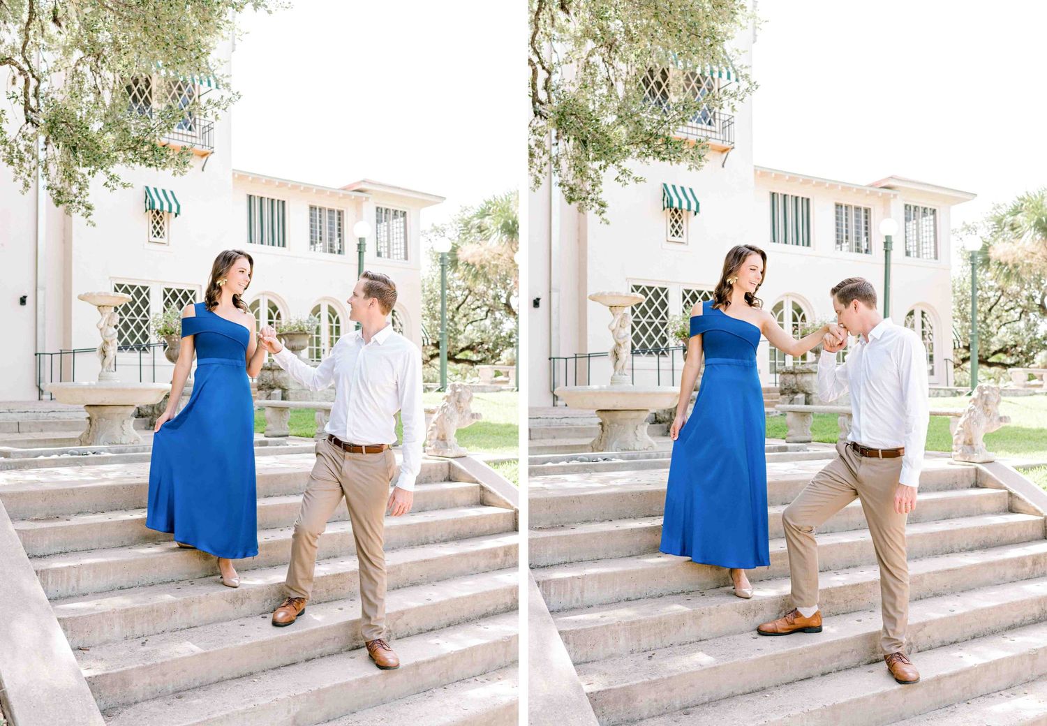 Two casual photos of a couple in coordinated outfits posing playfully on outdoor stone steps.