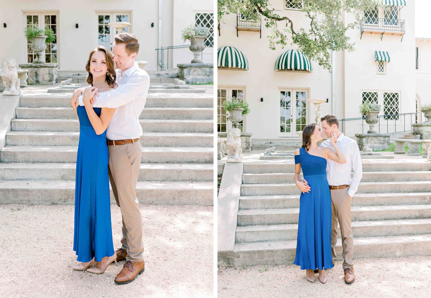 Split photo showing romantic poses of a couple in blue and khaki outfits on historic building steps.