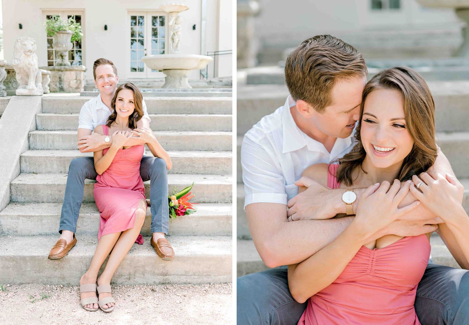 Two romantic photos of a couple sitting and embracing on outdoor steps.