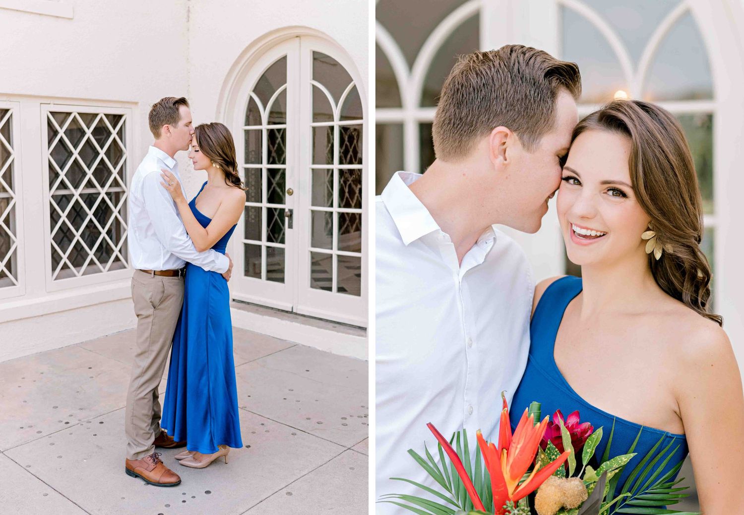 Two romantic portraits against a white building with arched windows.