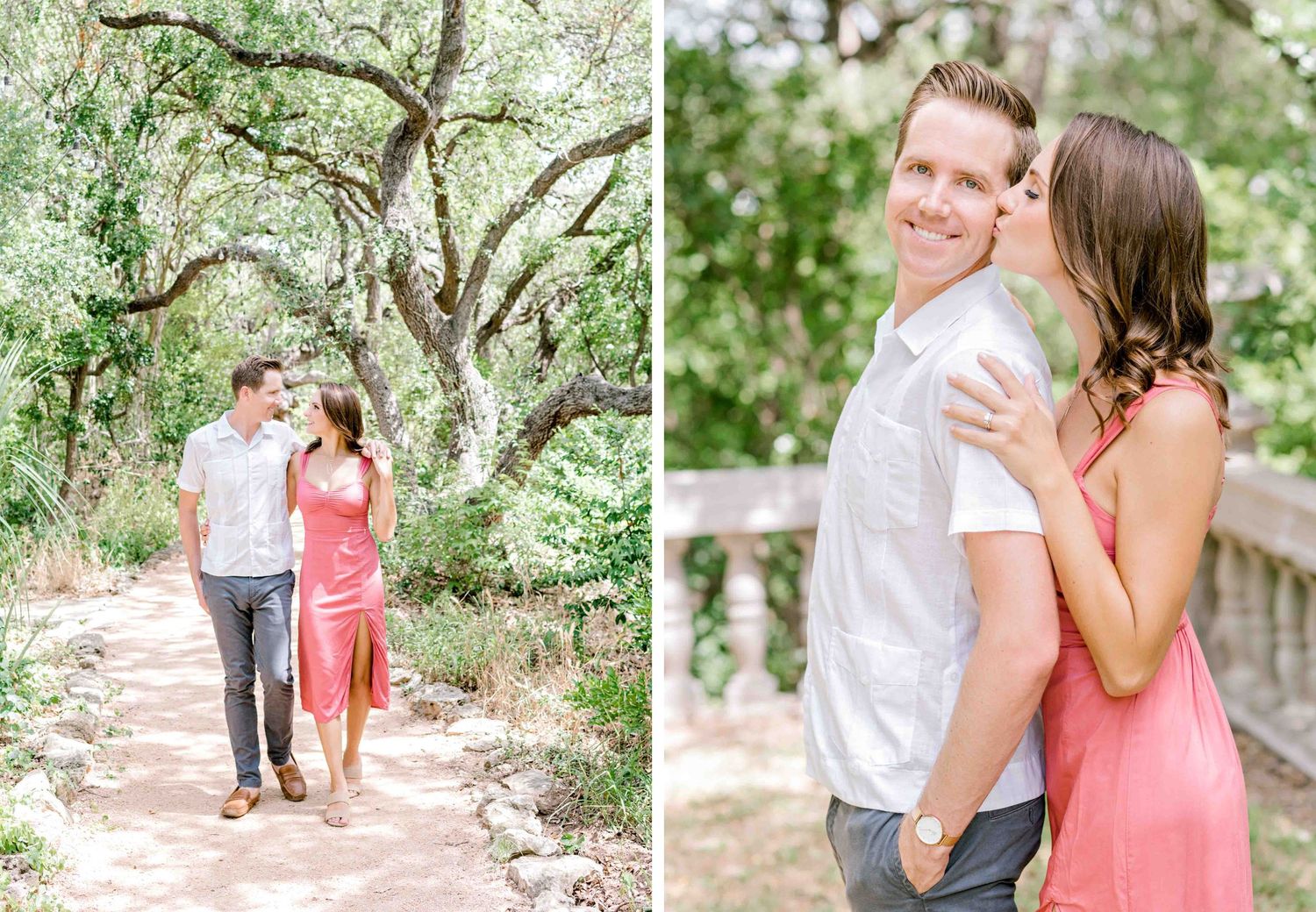Split photo showing a couple walking on a garden path and sharing a close moment among trees.