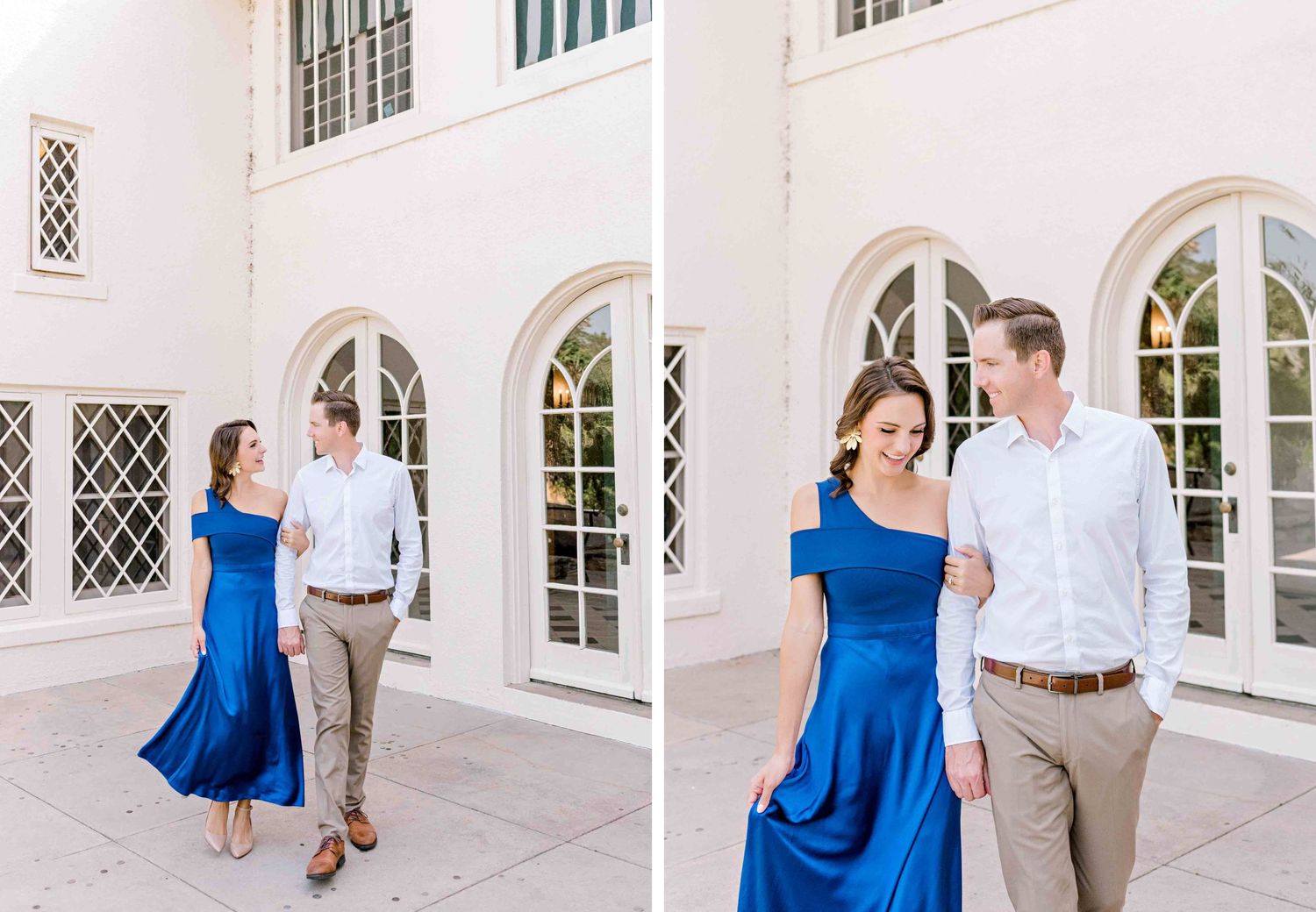 Two shots of a couple walking in front of a white building with arched windows.