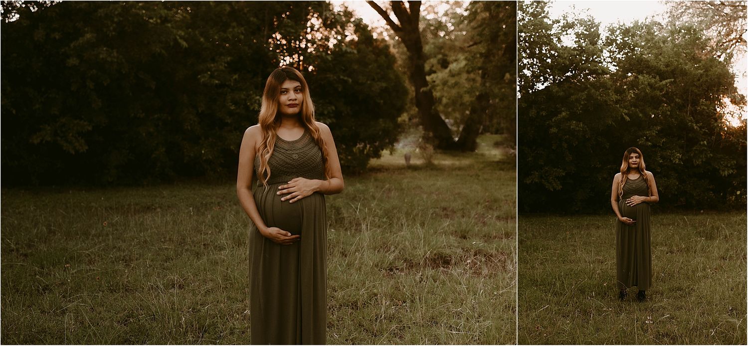 Full length and close-up maternity portraits in a rustic outdoor setting at golden hour.