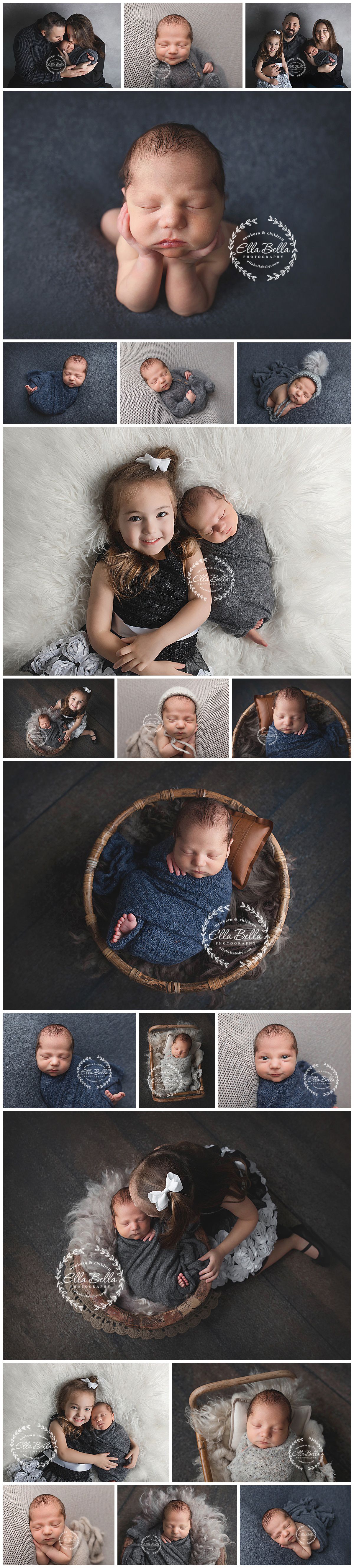 Collection of newborn and family portraits featuring coordinated grey outfits and natural studio backgrounds.