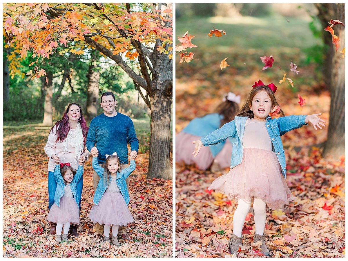Family portrait in Holliday Park Indianapolis tossing colorful fall leaves Jayme Riggleman Photography