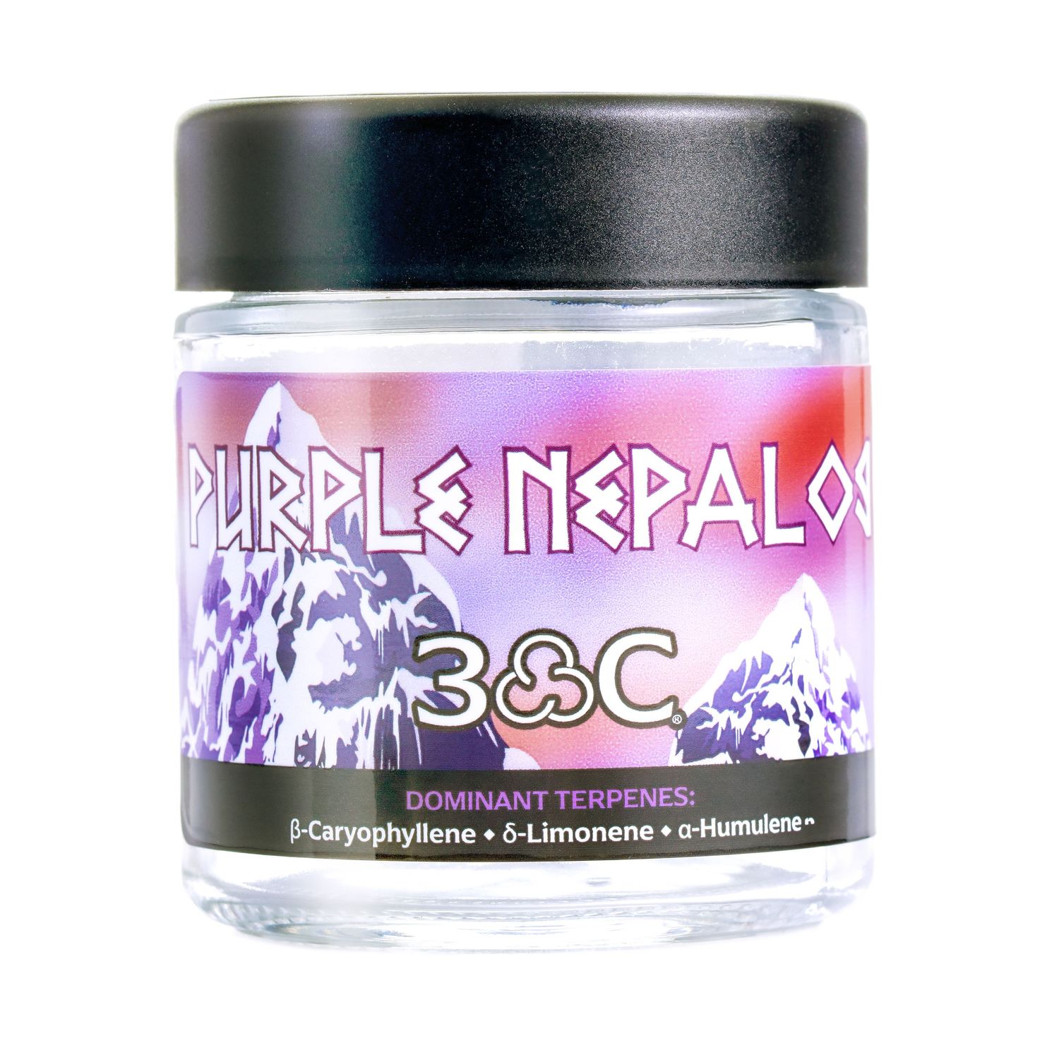 Purple Nepalese cannabis strain jar with mountain graphic label showing dominant terpenes on white background.