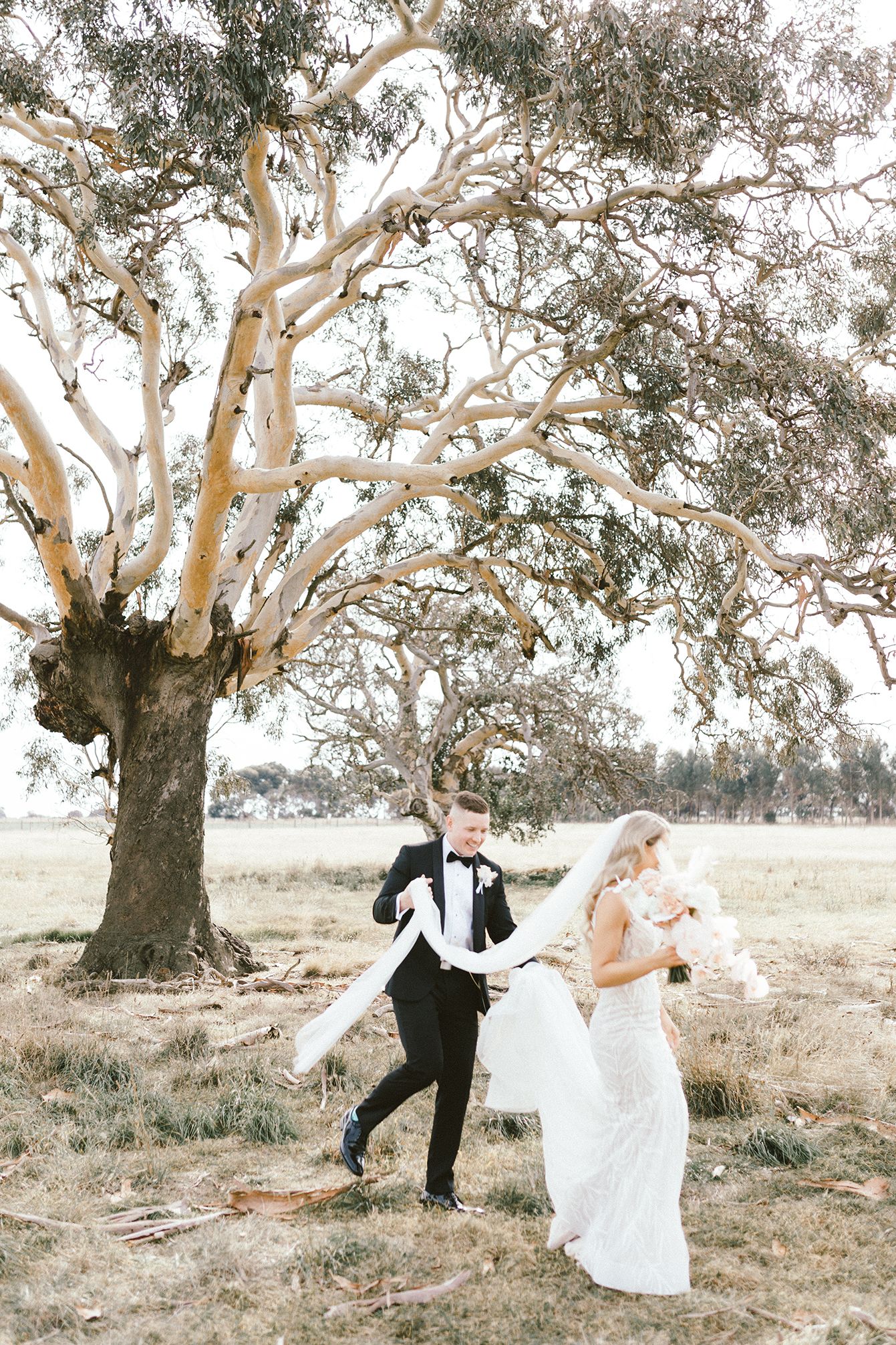 Playful wedding moment captured under sprawling gum tree branches in rustic field setting.