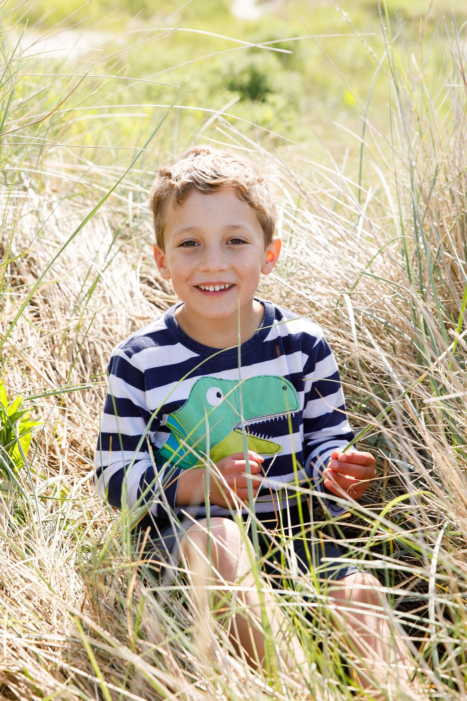 A child wearing a striped shirt with dinosaur design sits in tall grass during a family beach photoshoot