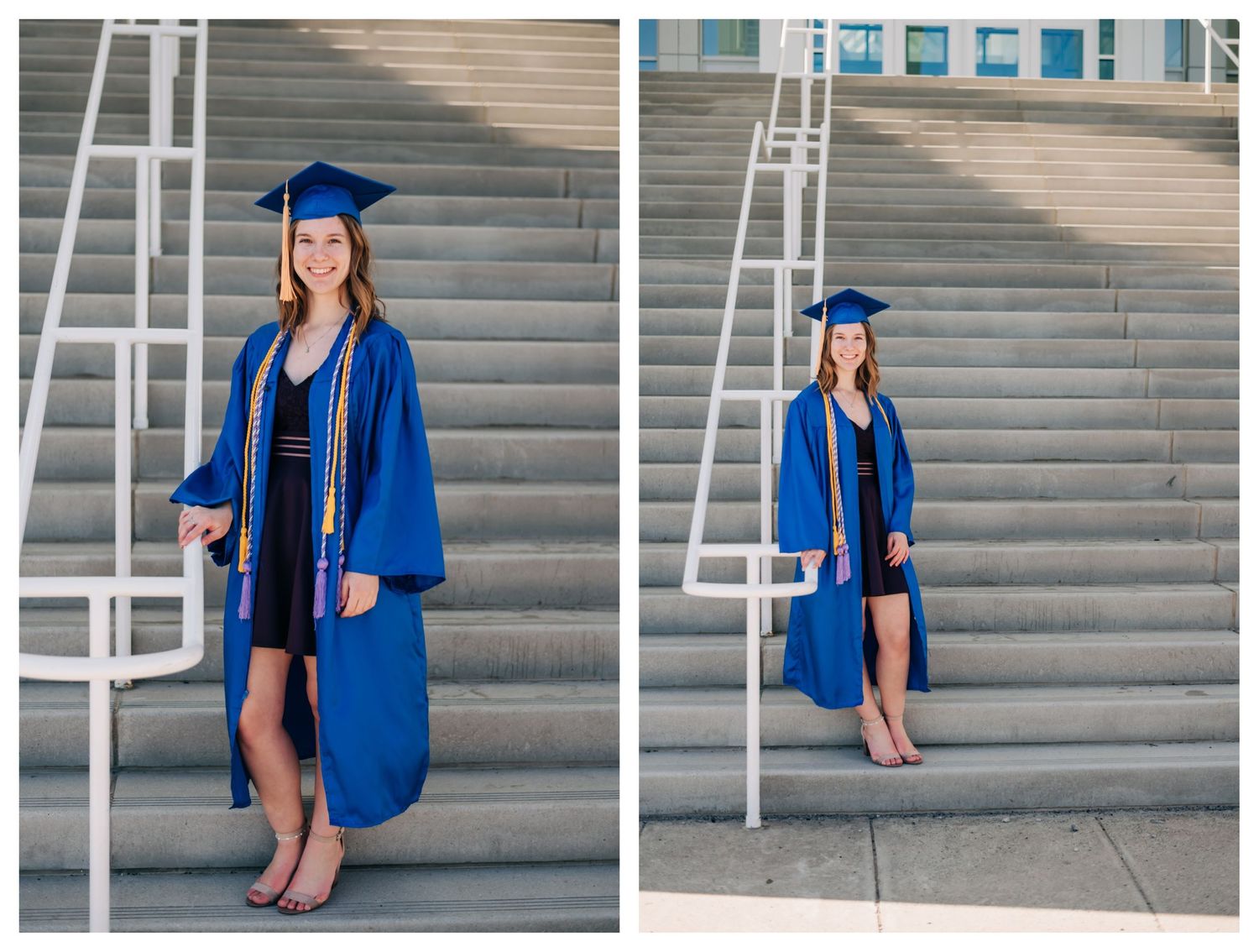 female college graduate wearing blue graduation gown with yellow cords
