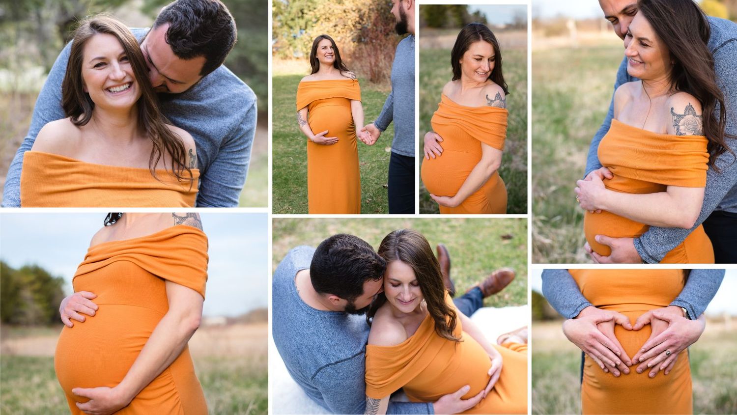 Maternity photo collage featuring couple in orange dress against natural outdoor setting.
