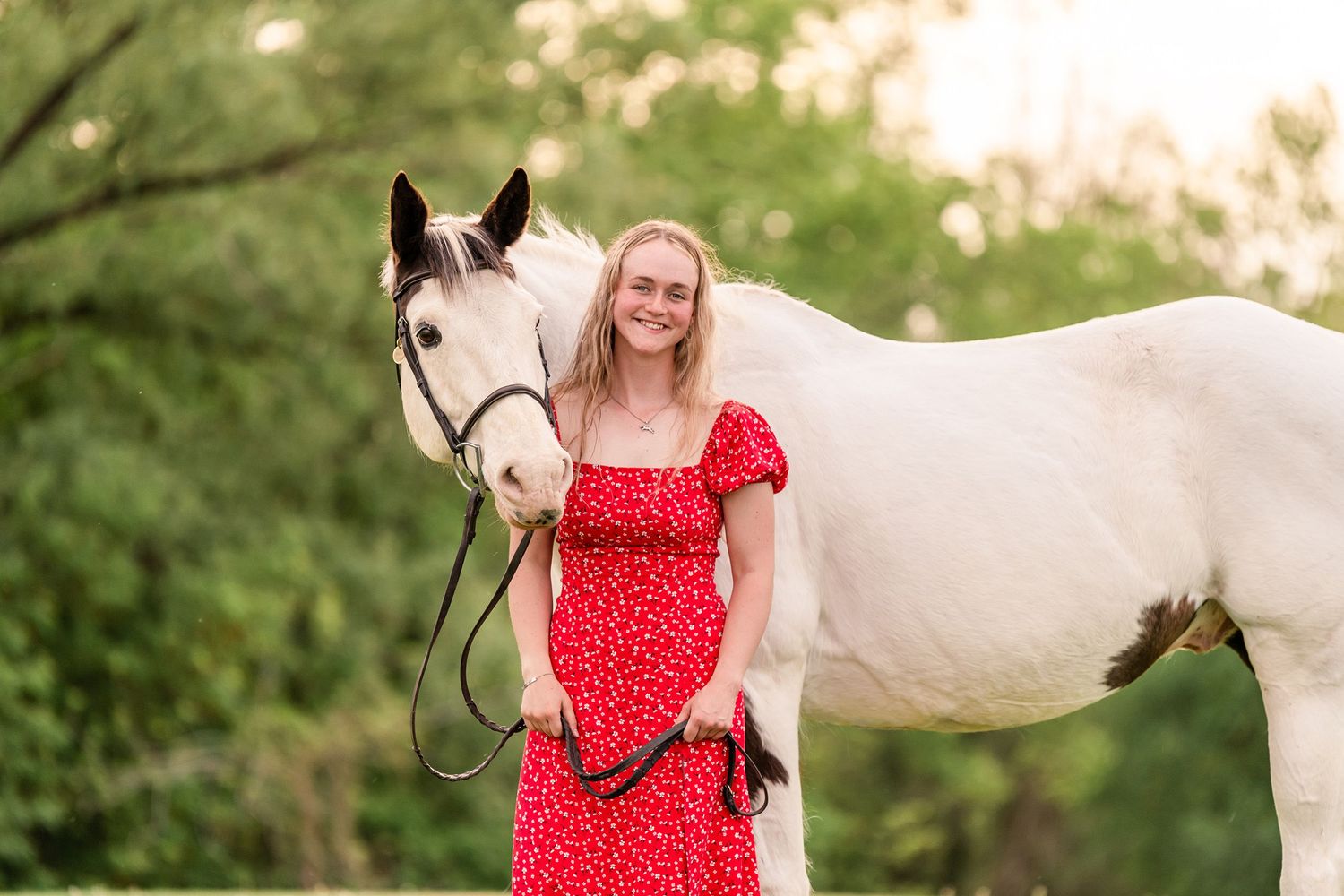 Girl in a bright red dress with a black and white paint horse, glowy lighting.