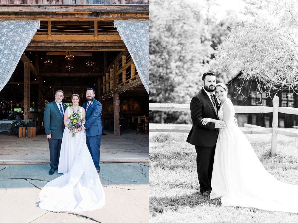 Classic wedding portraits of couple at rustic barn venue in color and black and white.