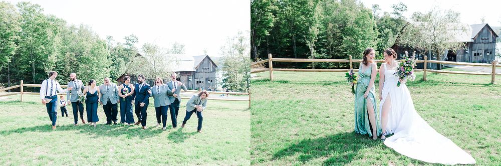 Wedding party jumping photo alongside romantic couple portrait in garden setting.