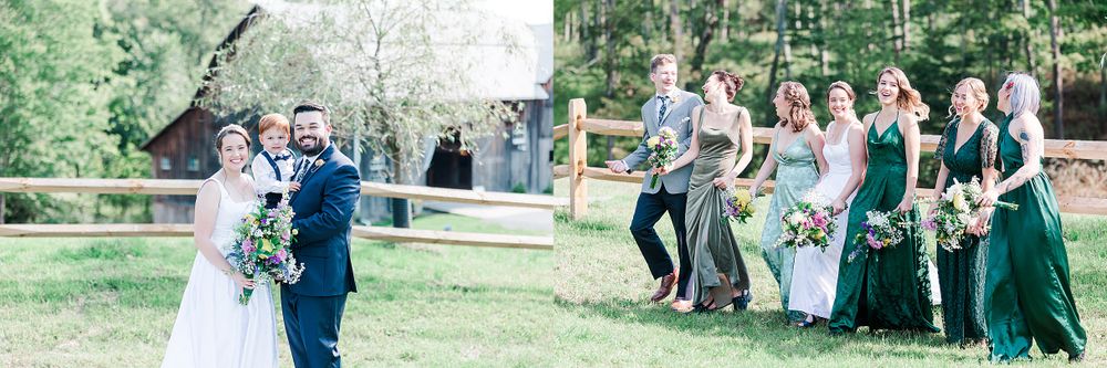 Split photo showing intimate couple moment and wedding party in various shades of green.