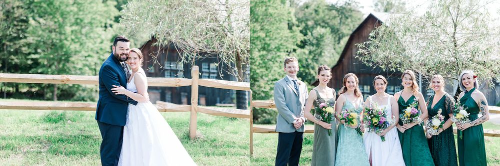Side-by-side wedding moments showing couple's first dance and wedding party celebration.