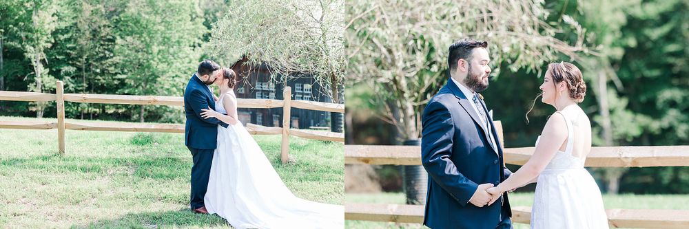 Beautiful first look moment captured between newlyweds in outdoor garden setting.