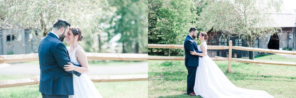 Elegant outdoor wedding photos showing couple in white dress and navy suit against lush green backdrop.