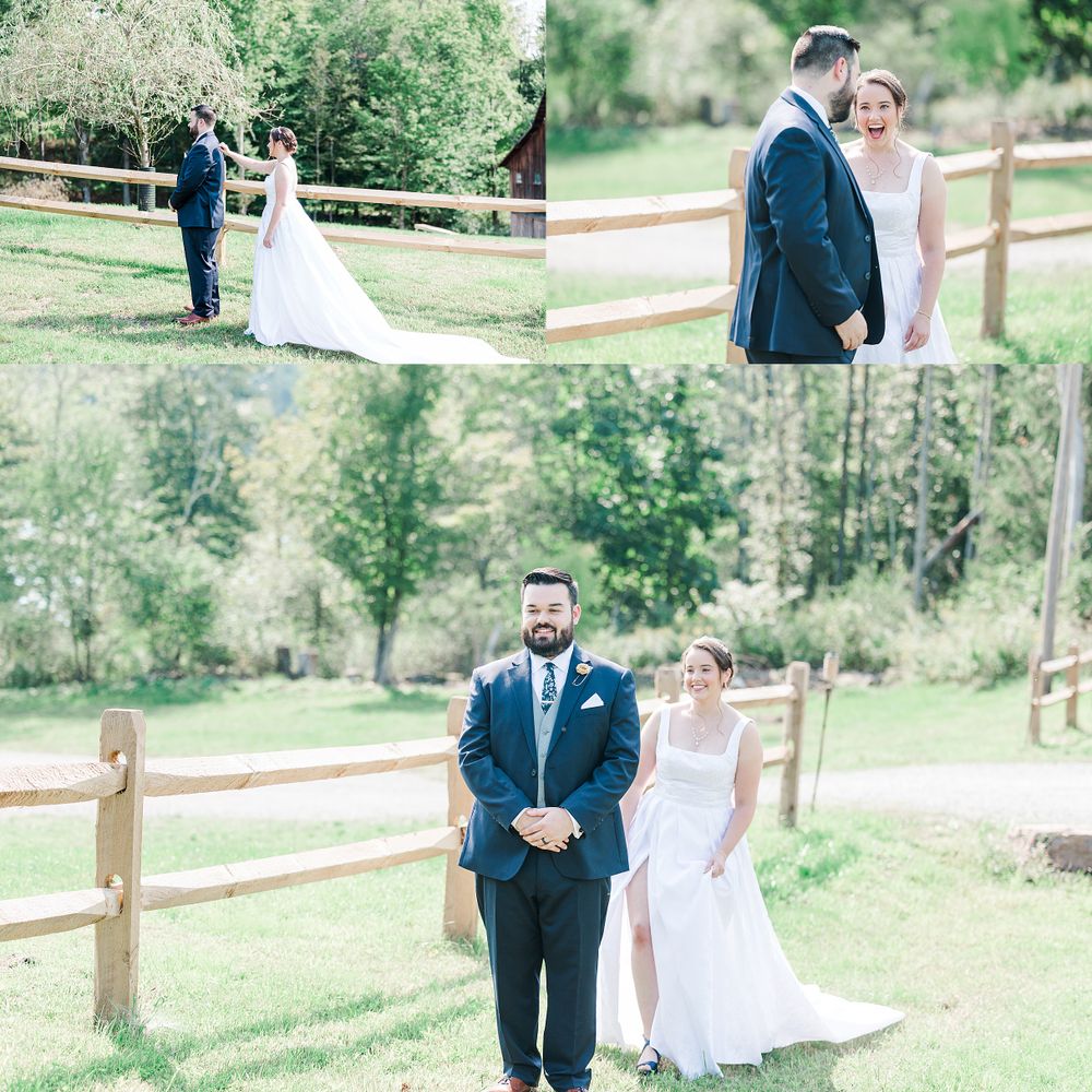 Romantic wedding portraits captured by wooden fence in sunlit garden setting.