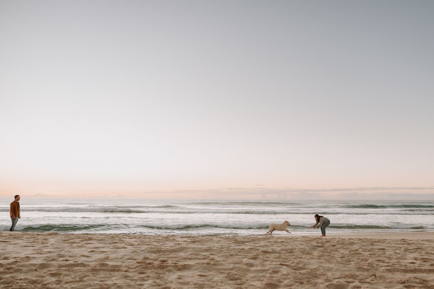 Two people and dog enjoying a peaceful moment on wide empty beach.