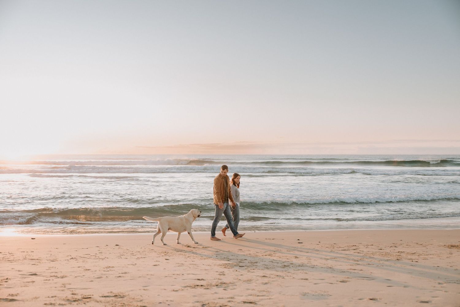 Person walking with loyal dog companion along serene beach at sunset.