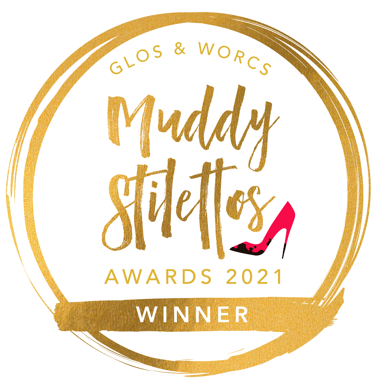 Gold circular award badges and winner emblems from 2021 competitions. muddy stilettos. Worcestershire Wedding photographer.
