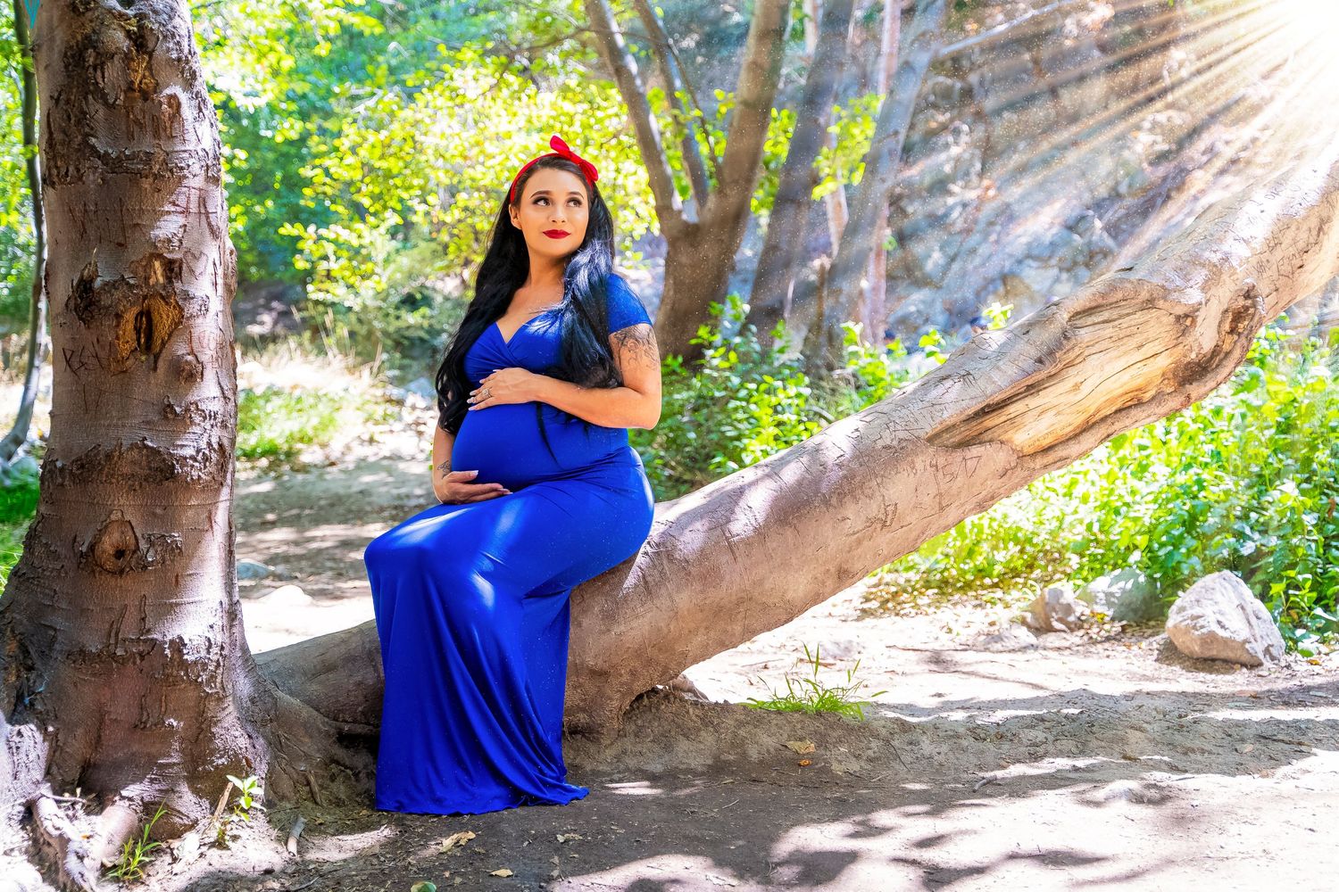 Expectant mother in flowing blue dress sits peacefully on a tree branch in a sunlit forest setting.