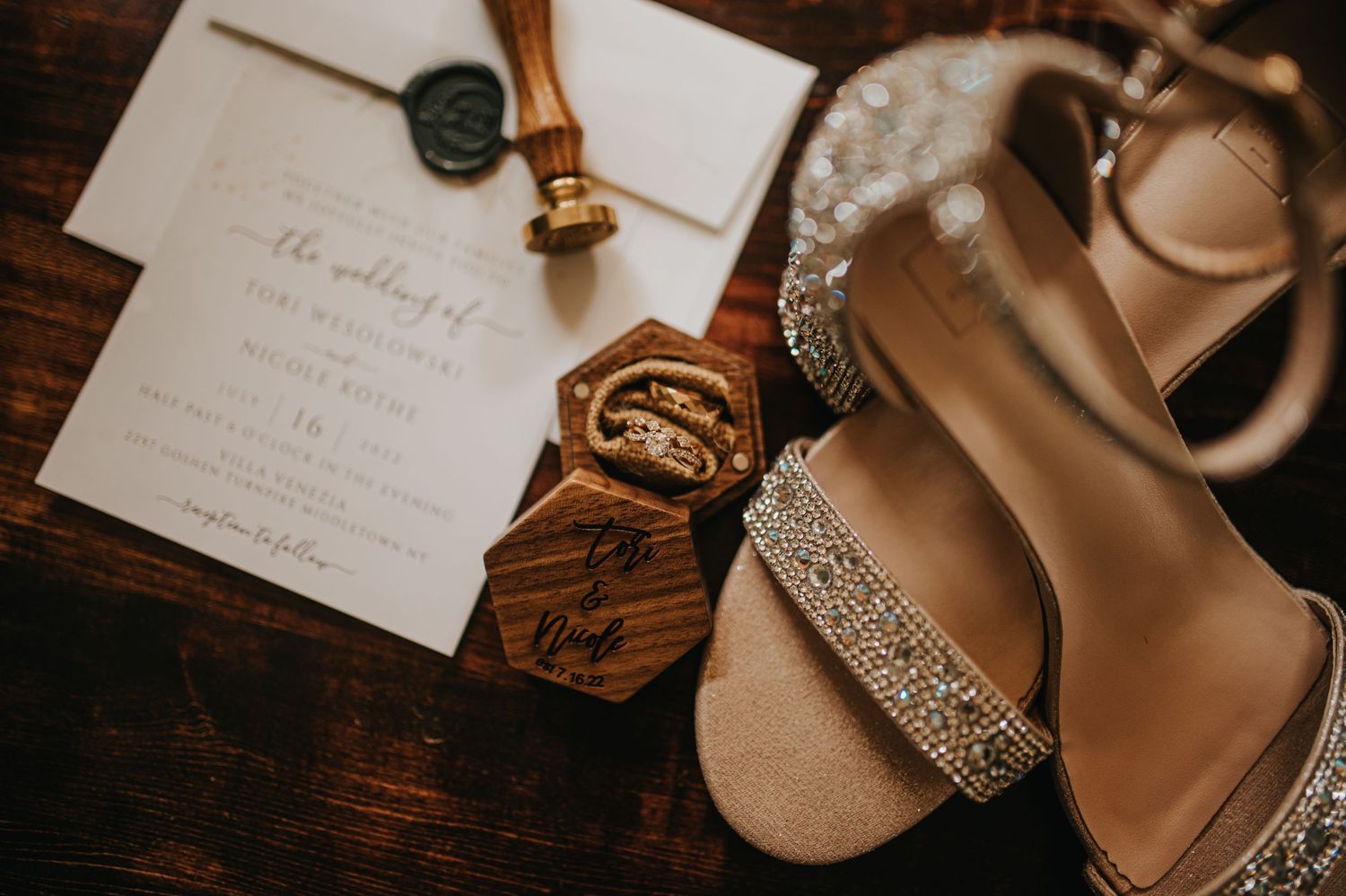 Ring and shoes detail shots on table at The Barn at The Villa Vanezia