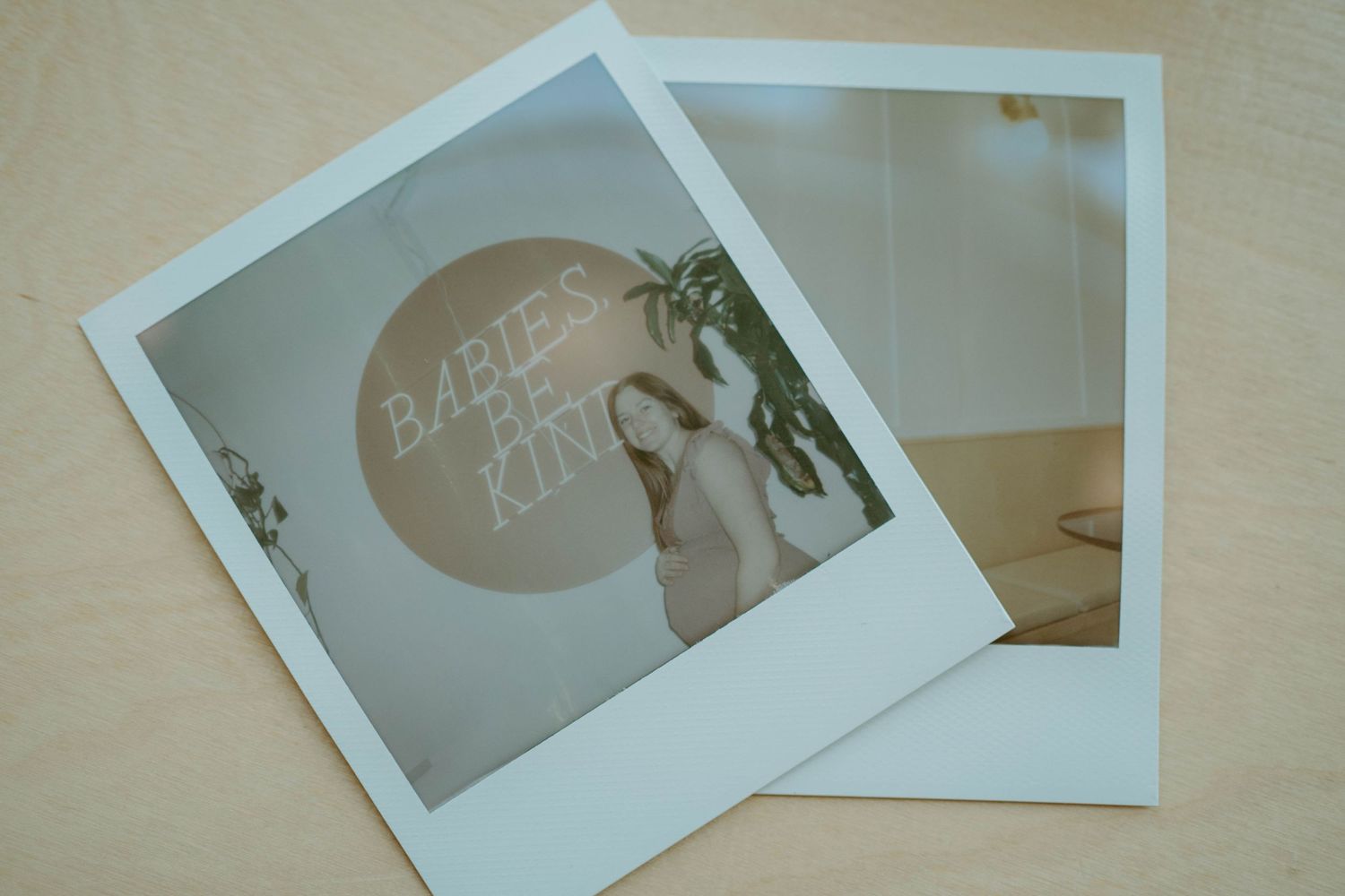 Two vintage polaroid photos showing neon sign in sepia tones.