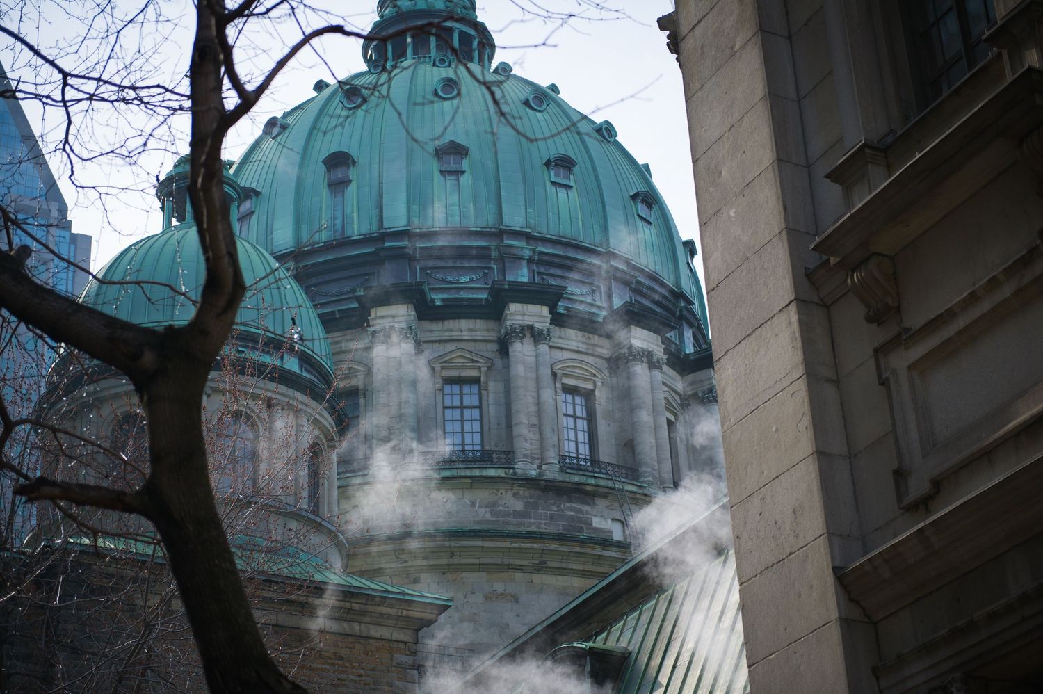 Green copper dome of a historic building rises above city buildings with steam in the air.