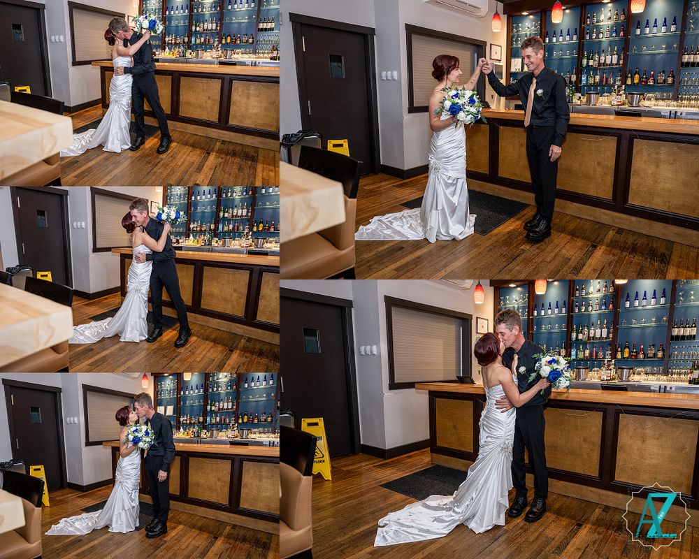 Wedding couple dancing sequence at bar venue with blue backlit shelves.