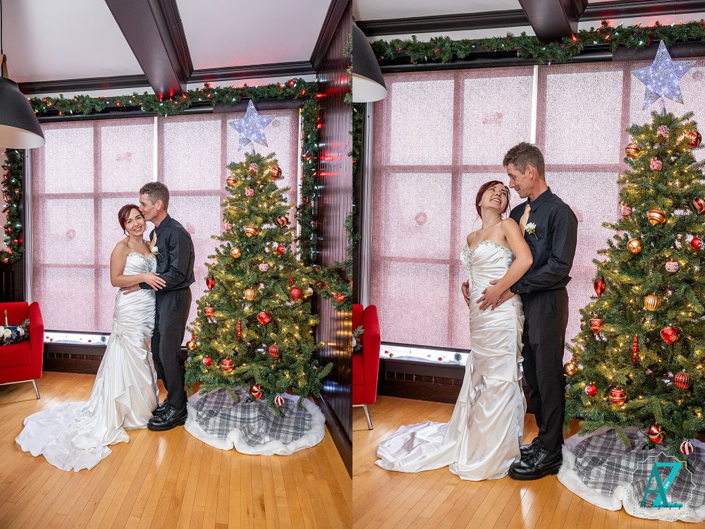 Side-by-side wedding portraits of couple embracing by Christmas tree in holiday setting.
