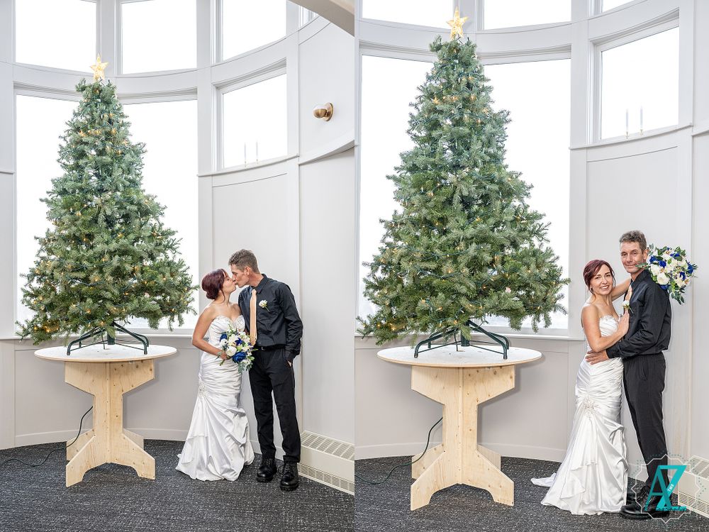 Wedding photos in sequence showing romantic poses by Christmas tree.
