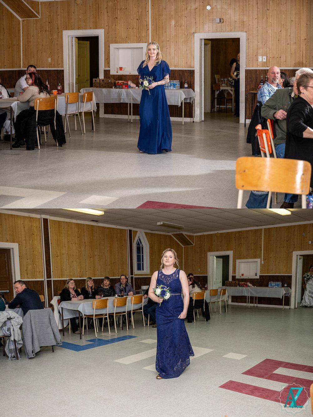 Wedding guests gather in a reception hall as attendants in blue dresses coordinate the celebration.
