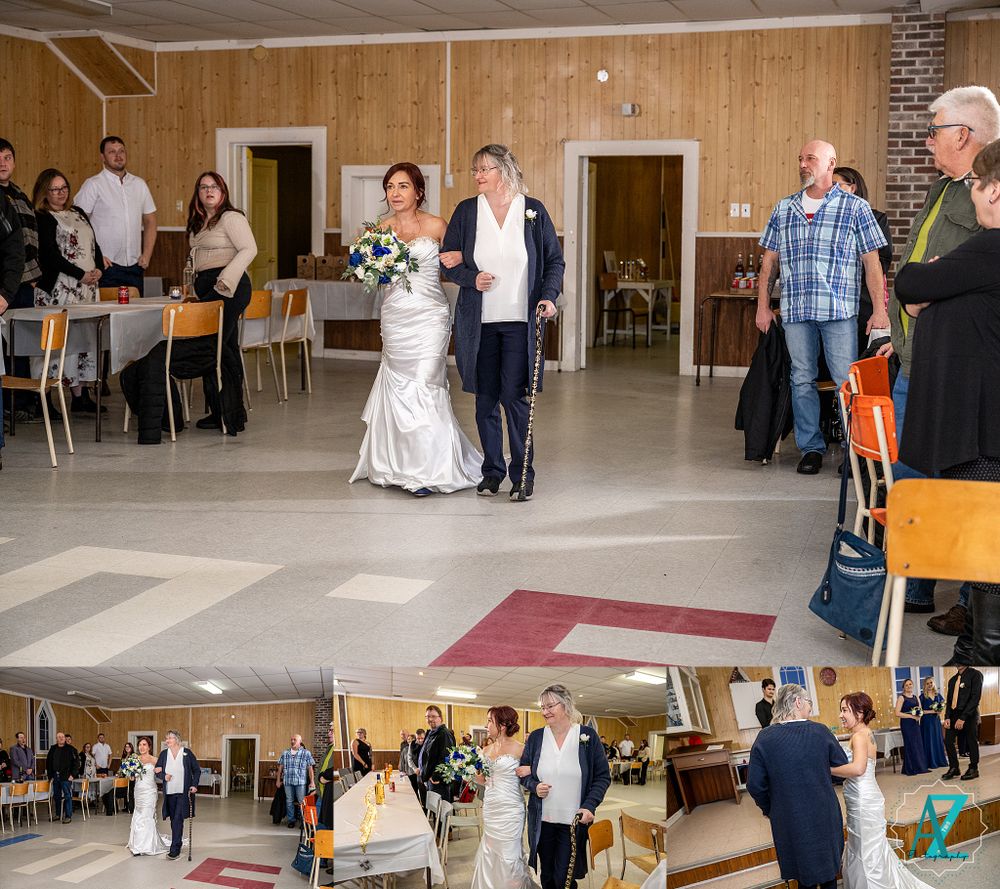 Wedding reception candid moments captured in a community hall with wood paneling and tiled floors.