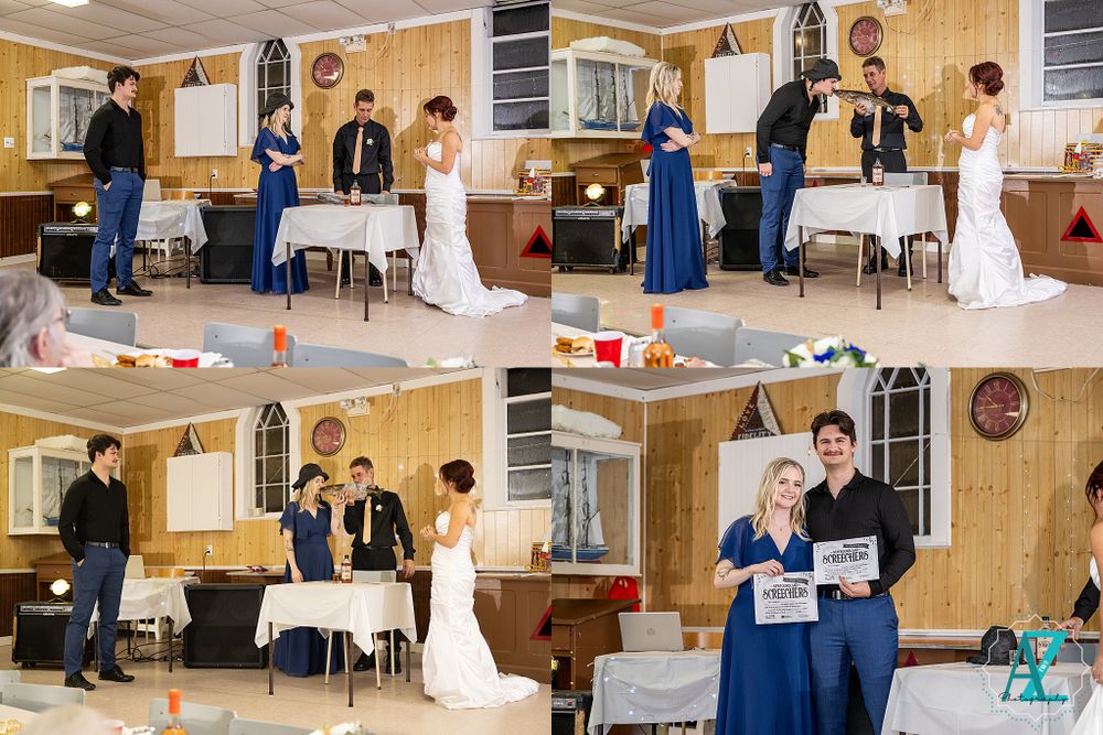 Collage of dance moments in a wood-paneled reception hall with white table settings.