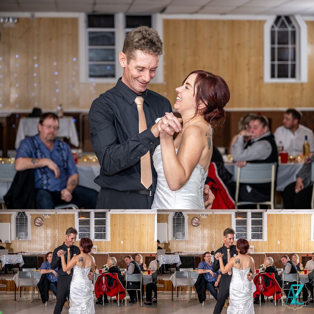 Intimate dance moments captured in a church reception hall with guests seated in background.