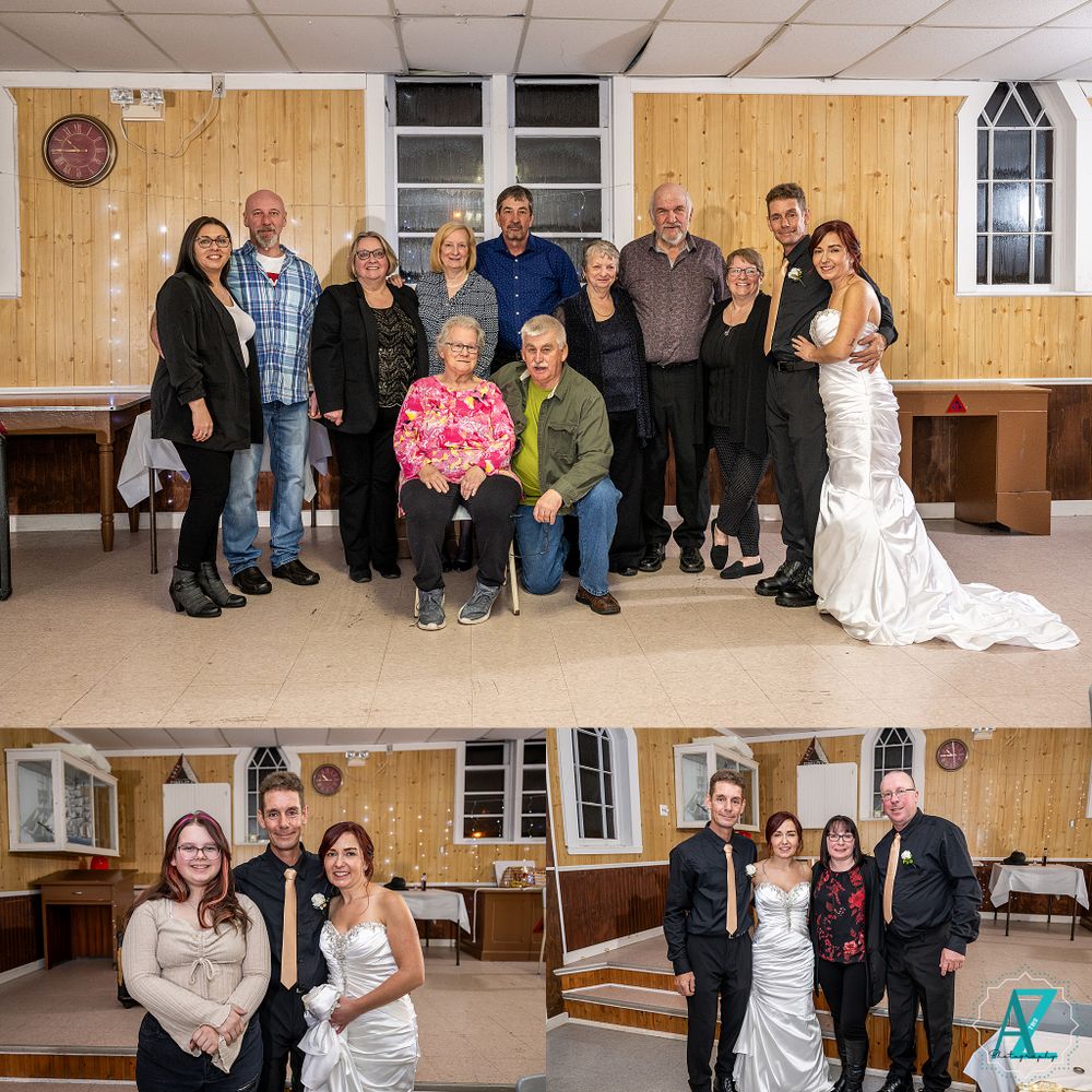 Family and friends pose for group photos at a wedding reception in a wood-paneled venue.