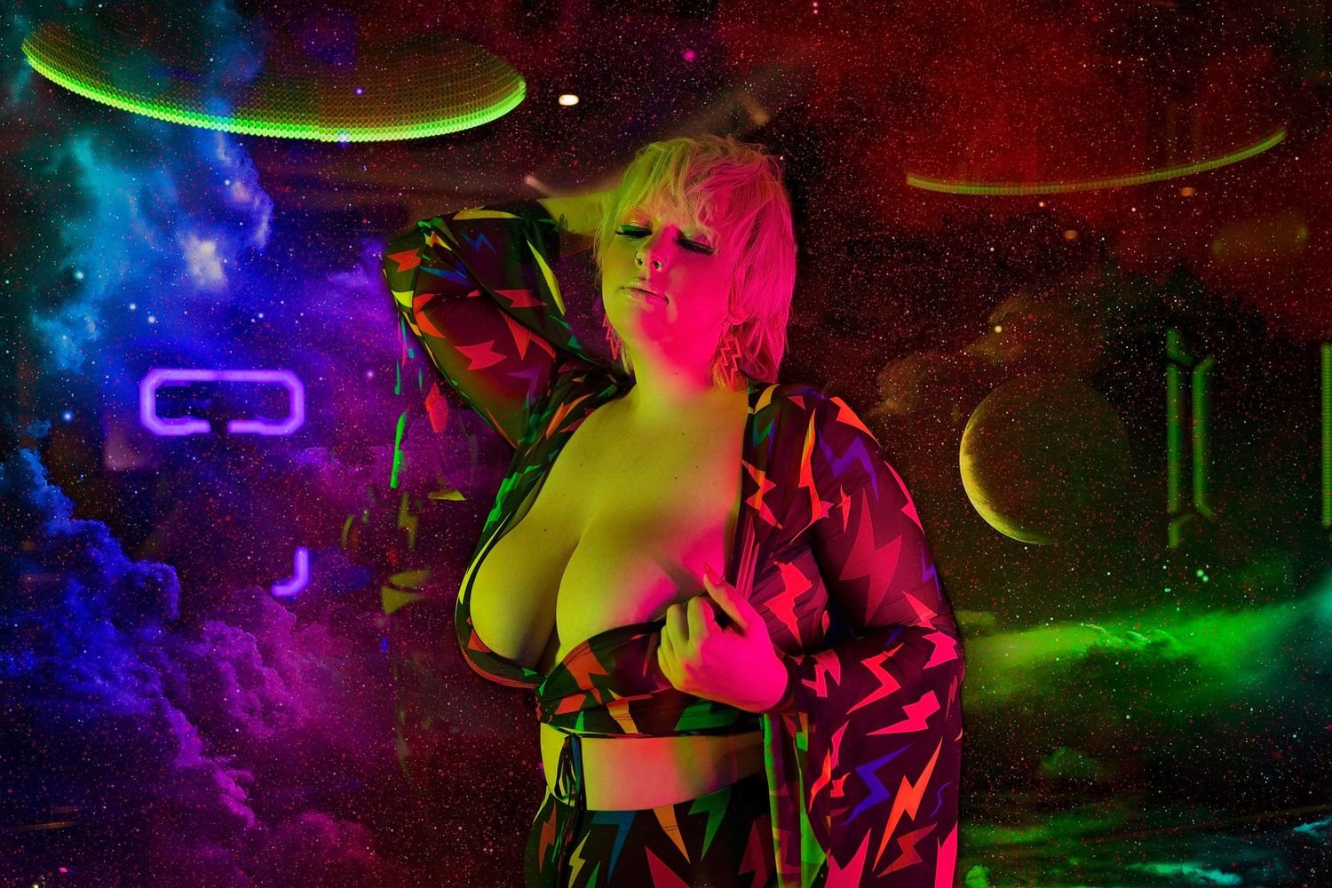 Artistic neon portrait in vibrant colors against cosmic space background.