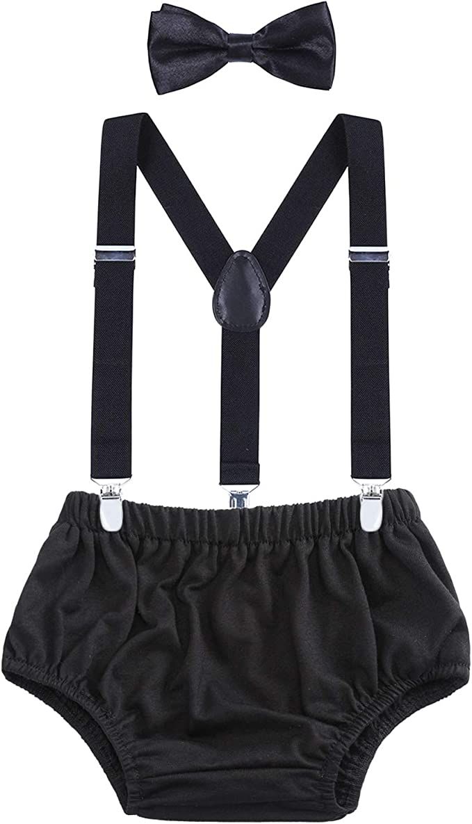 Baby Boys Cake Smash Outfit - First Birthday Party Suspenders Bow Tie Bloomers Set