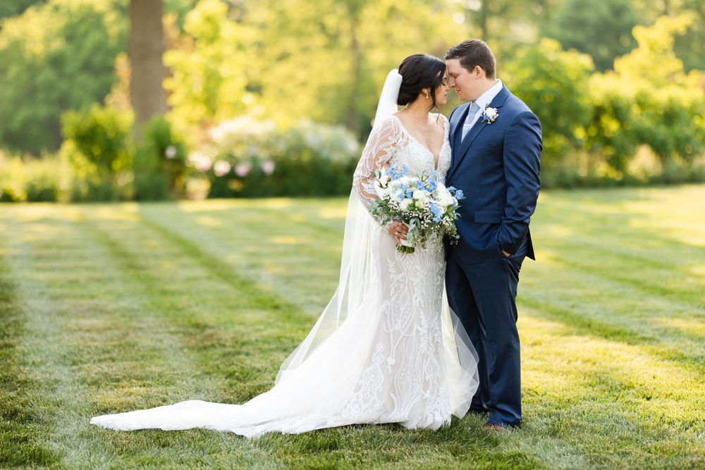 Relaxed portrait of bride and groom during wedding day at Jorgensen Farms in Westerville, Ohio.